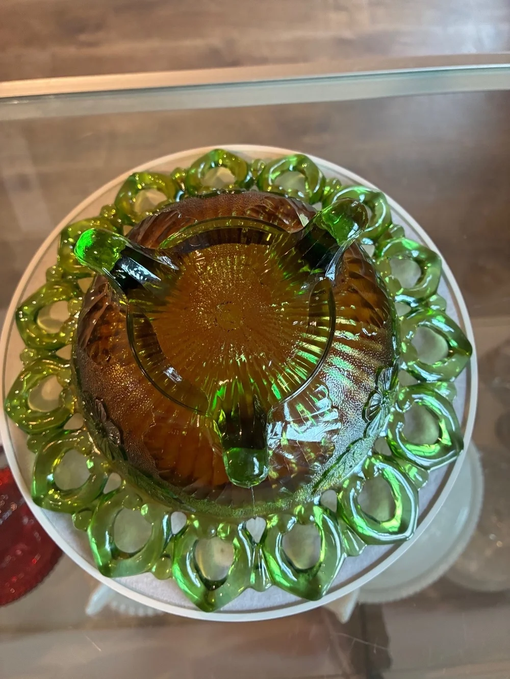 Northwood Antique Wild Rose Green Carnival Glass Open Edge Bowl